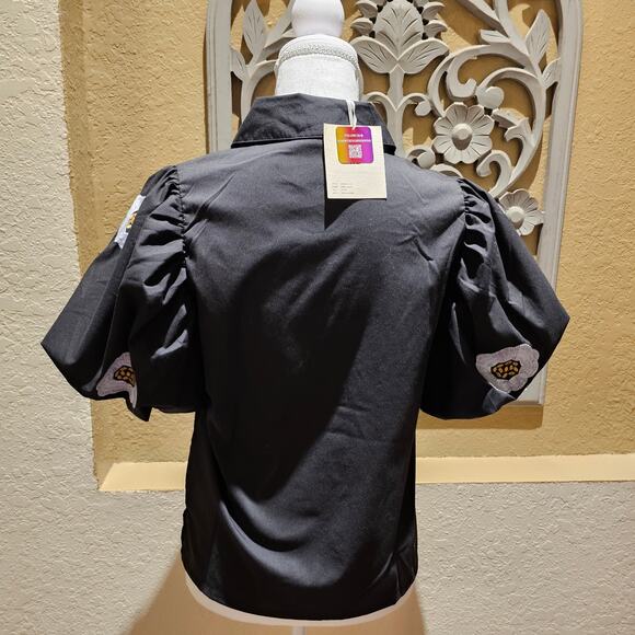 By Design S Black Puff Sleeve Button Up Embroidered Top NWT Poplin Holiday Chic - Picture 7 of 11